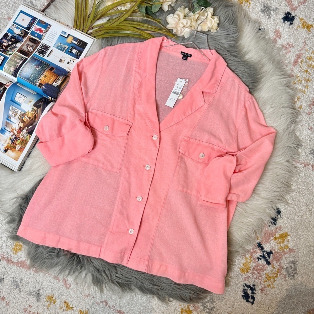 J.Crew Brilliant Peony Pink Linen Blend Utility Camp Shirt Size Sz 14 - Picture 11 of 11